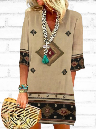 Women's Midi Dress 3D Printed Western Aztec Ethnic V-Neck Short Sleeve Dress