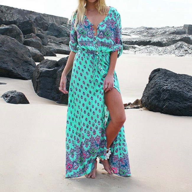 Women's Maxi Dress Bohemian Beach Dress Aztec Pattern V Neck Split Maxi Long Sleeve Dress