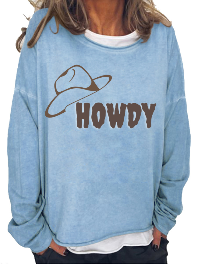 Women's Western Style Howdy Cowboy Hat Print Long Sleeve Sweatshirtt