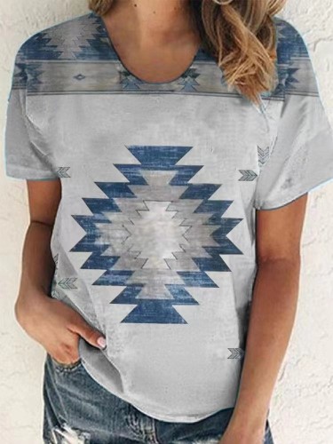 Womens Aztec Ethnic 3D Printed Pattern Crew Neck Short Sleeve T-Shirt Top