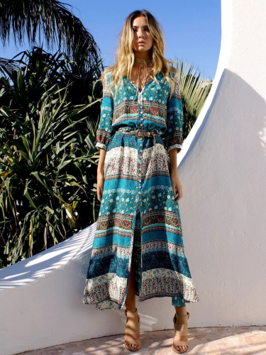 Women's Maxi Dress Bohemian Beach Dress Aztec Pattern V Neck Split Maxi Blue Dress Breasted Beach Loose Breathable Streetwear