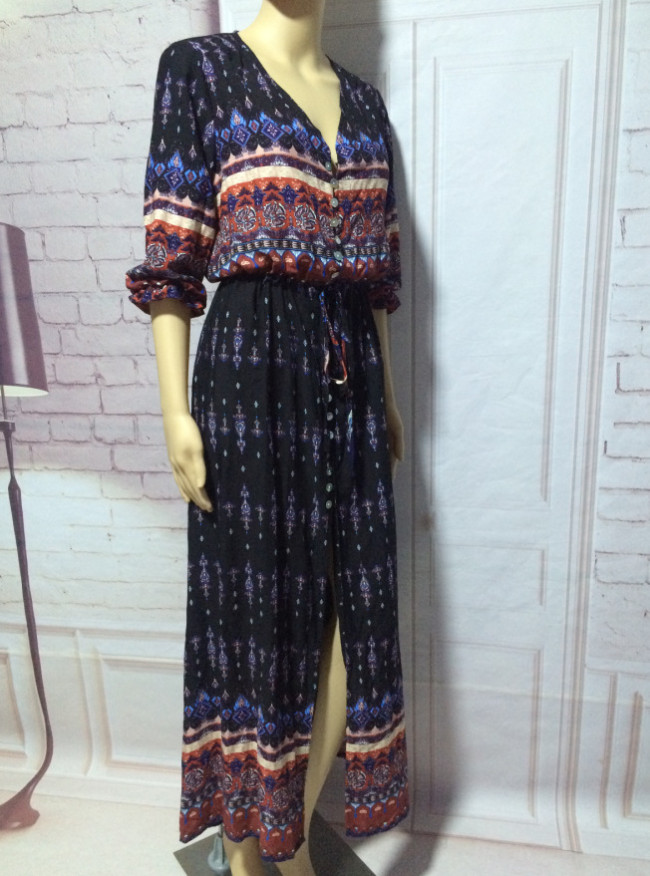 Women's Black Maxi Dress Bohemian Beach Dress Aztec Pattern V Neck Split Maxi Long Sleeve Cardigan Dress