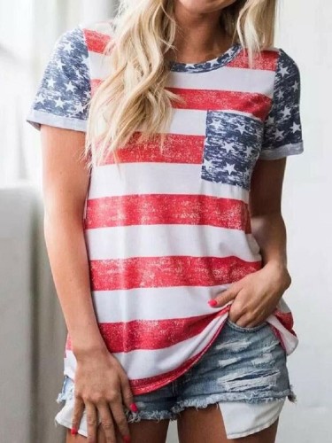 Women's American Flag Pattern Casual T-Shirt Crew Neck Loose Tee Top