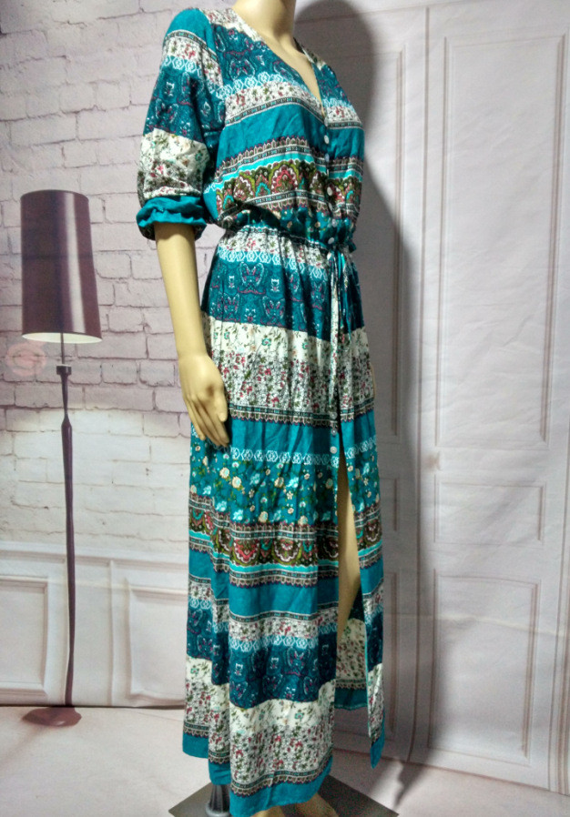 Women's Maxi Dress Bohemian Beach Dress Aztec Pattern V Neck Split Maxi Blue Dress Breasted Beach Loose Breathable Streetwear