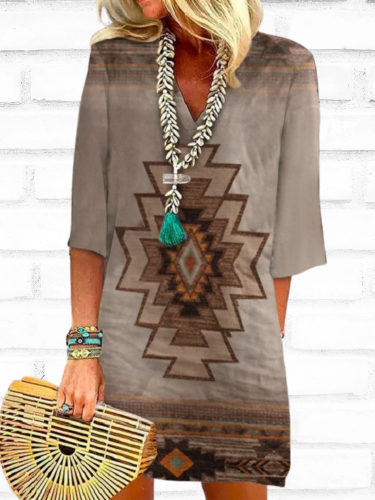 Women's Midi Dress 3D Printed Western Aztec Ethnic V-Neck Short Sleeve Dress