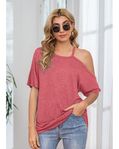 Women's Short Sleeve T-Shirt Off the Shoulder Round Neck Solid Color Casual Loose Spring Outfits Top