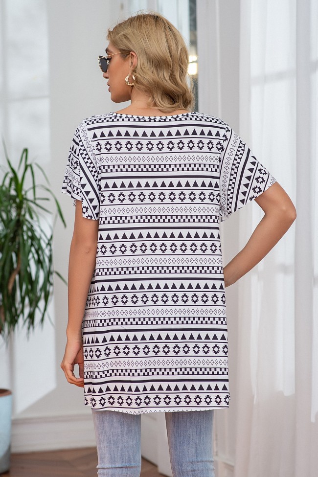 Women's Short Sleeve V Neck Dress Shirt Aztec Geometric Pattern Spring Outfits Top