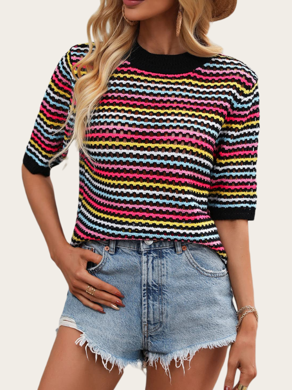 Women Short Sleeve Knit Crop Top Color Block Hollow Out T-Shirt Summer Casual Streetwear Knit Outfit