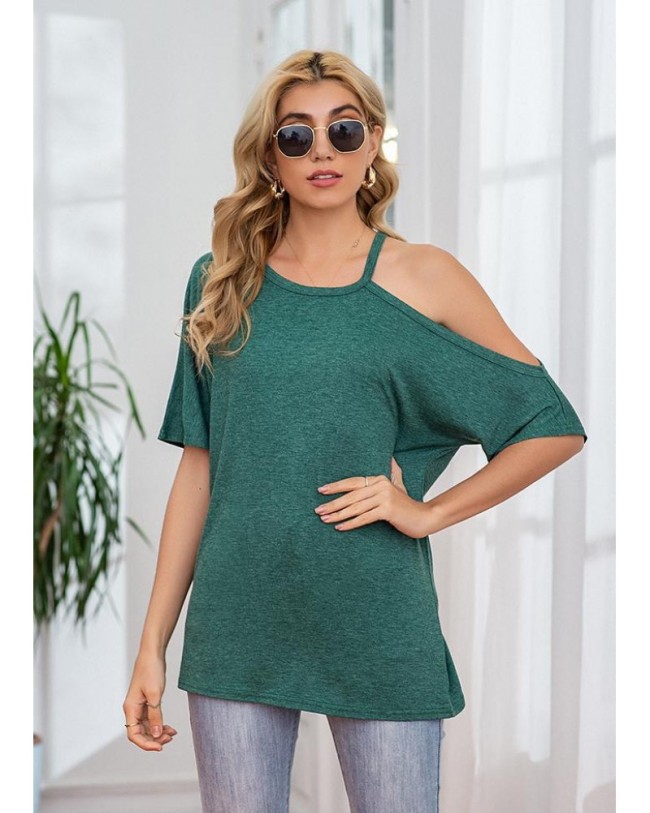 Women's Short Sleeve T-Shirt Off the Shoulder Round Neck Solid Color Casual Loose Spring Outfits Top