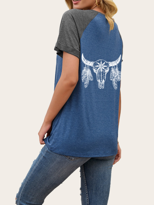 Women's Short Sleeve T-Shirt Cow Skull Aztec Native Ethnic Feather Pattern Western Style Top