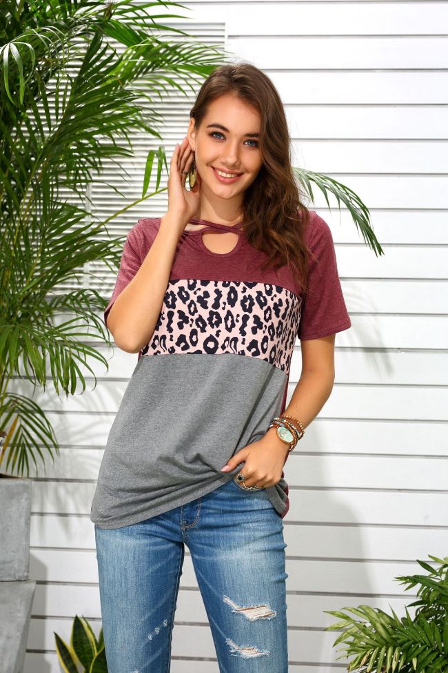 Women's Short Sleeve T-Shirt Hollow Out Round Neck Leopard Print  Casual Spring Outfits Top