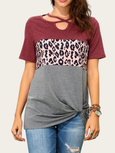 Women's Short Sleeve T-Shirt Hollow Out Round Neck Leopard Print  Casual Spring Outfits Top