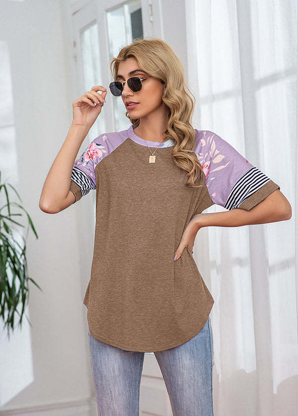 Women's Short Sleeve T-Shirt Round Neck Striped Floral Patchwork Short Sleeve T-shirt Top