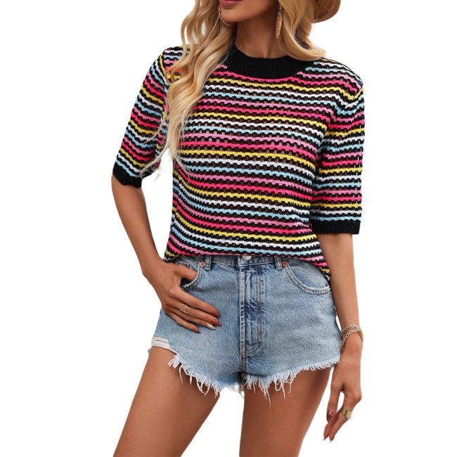 Women Short Sleeve Knit Crop Top Color Block Hollow Out T-Shirt Summer Casual Streetwear Knit Outfit