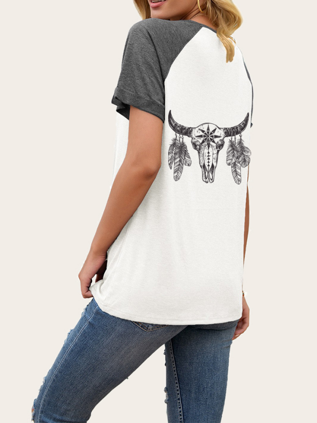 Women's Short Sleeve T-Shirt Cow Skull Aztec Native Ethnic Feather Pattern Western Style Top