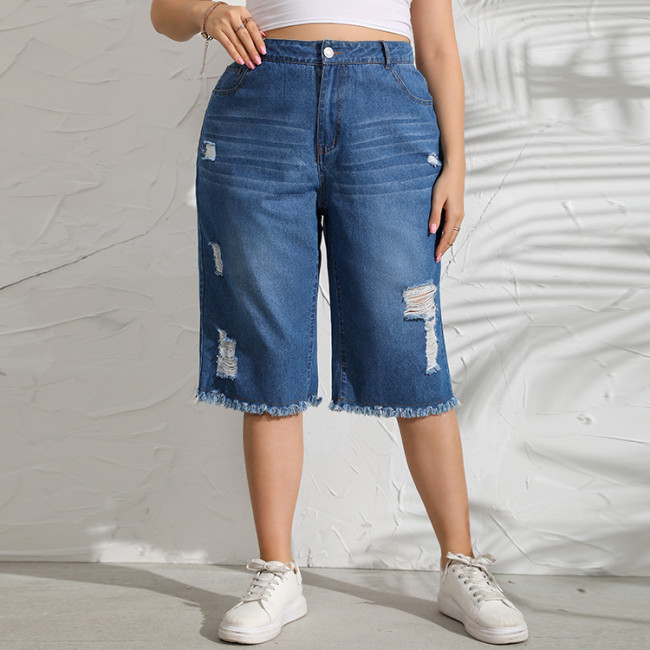 L-5XL Oversized Women's Denim Short Straight Pants Mid Waist Washed Ripped Jeans Plus Size