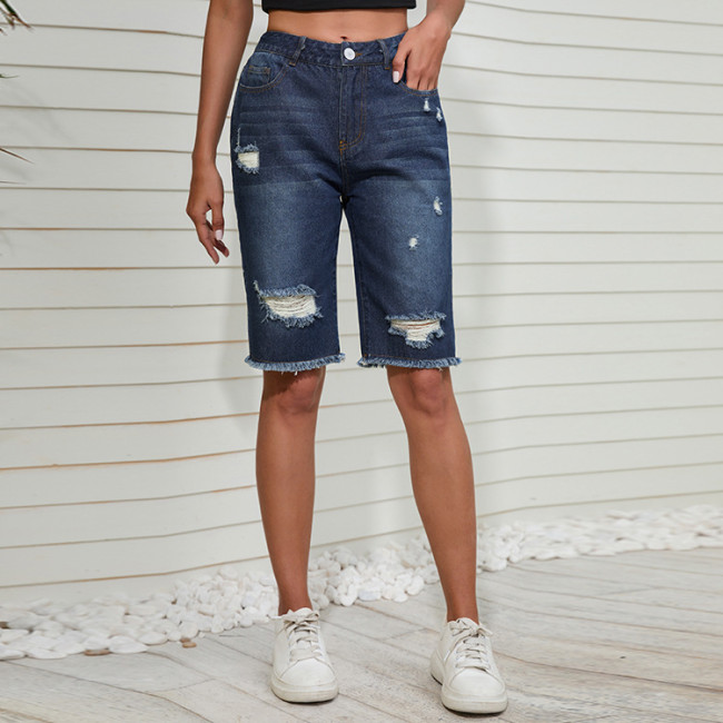 Women's Blue Denim Short Straight Pants Mid Waist Washed Ripped Jeans Zipper Frayed Short with Pocket