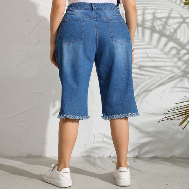 L-5XL Oversized Women's Denim Short Straight Pants Mid Waist Washed Ripped Jeans Plus Size