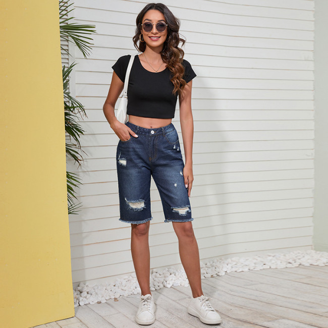 Women's Blue Denim Short Straight Pants Mid Waist Washed Ripped Jeans Zipper Frayed Short with Pocket