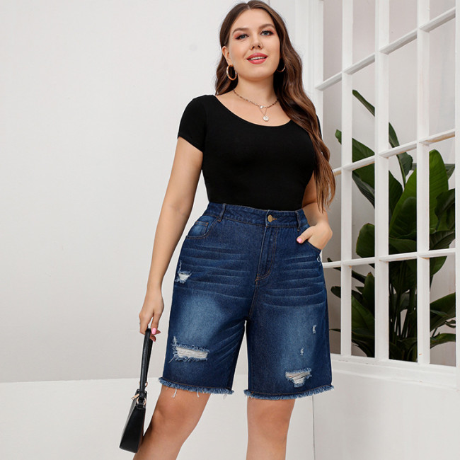 L-5XL Oversized Blue Denim Shorts Women's Washed Straight Ripped Jeans Plus Size Mid-Rise Frayed Jeans