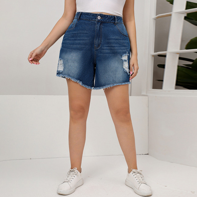 L-5XL Oversized Blue Denim Shorts Women's Washed Straight Ripped Jeans Plus Size
