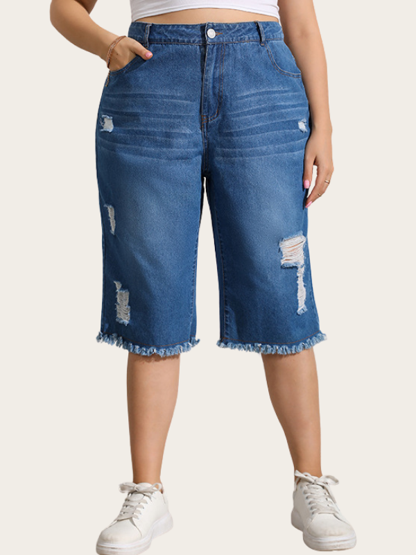 L-5XL Oversized Women's Denim Short Straight Pants Mid Waist Washed Ripped Jeans Plus Size