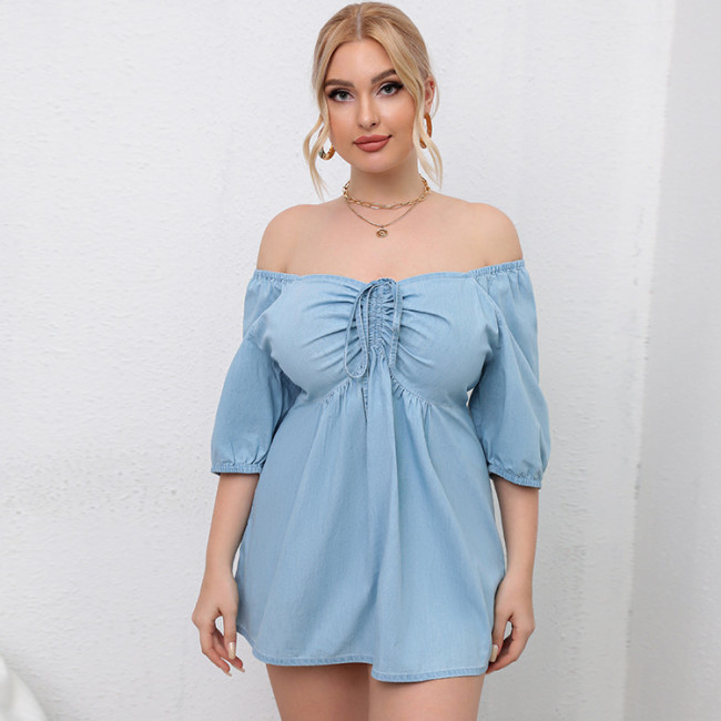 L-5XL Oversized Women Off Shoulder Puff Sleeve Ruched High Waist Shorts Dress Top  Slim Fit Plus Size Blouse