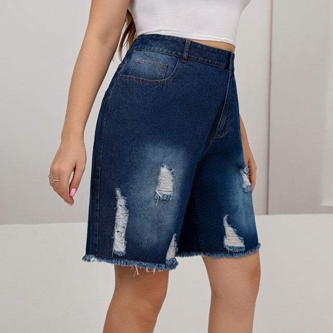 Women's Oversized Denim Shorts Mid Waist Washed Dark Blue Ripped Denim Jean Short