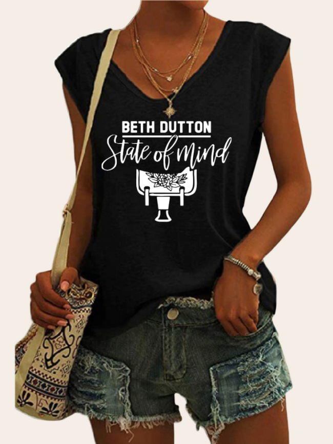 Women's Casual Loose T-Shirts Beth Dutton State of Mind Funny Saying Tee V-Neck Short Sleeve Top