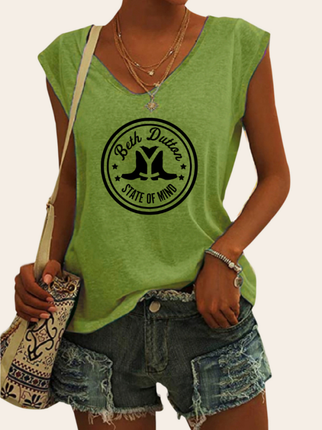 Women's Casual Loose T-Shirts Beth Dutton State of Mind Inspired Pattern V-Neck Sleeveless Top