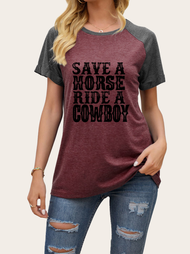 Save a Horse Ride a Cowboy Print Short Sleeve Pullover T Shirt Women
