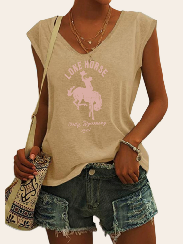 Women's Casual Loose T-Shirts Long Horse Western Pattern V-Neck Sleeveless Top