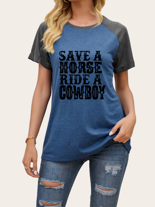 Save a Horse Ride a Cowboy Print Short Sleeve Pullover T Shirt Women