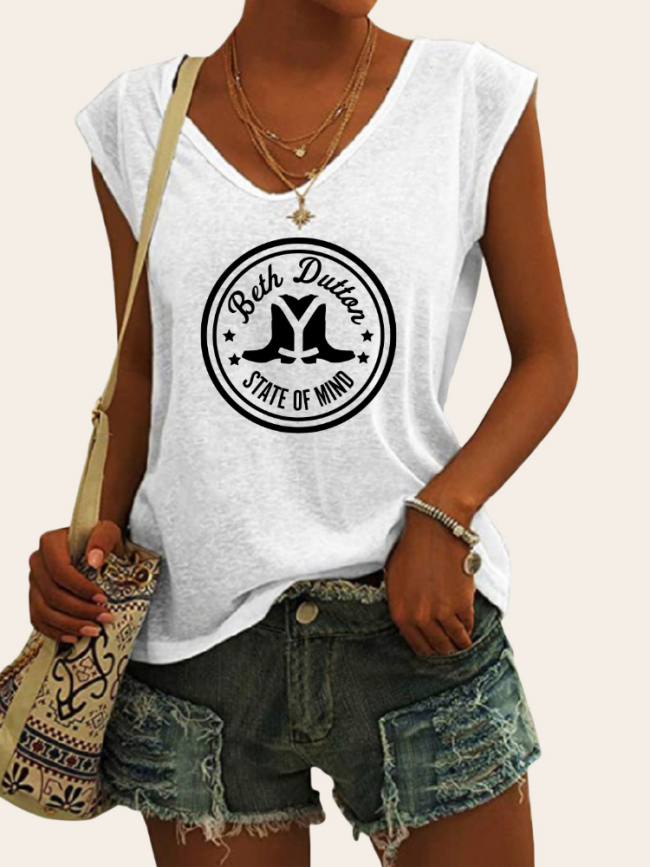 Women's Casual Loose T-Shirts Beth Dutton State of Mind Inspired Pattern V-Neck Sleeveless Top