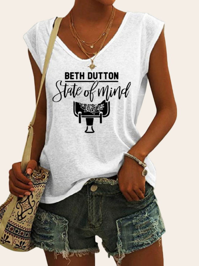 Women's Casual Loose T-Shirts Beth Dutton State of Mind Funny Saying Tee V-Neck Short Sleeve Top