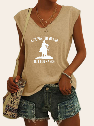 Women's Casual Loose T-Shirts Ride for the Brand Dutton Ranch with Western Horse V-Neck Sleeveless Top