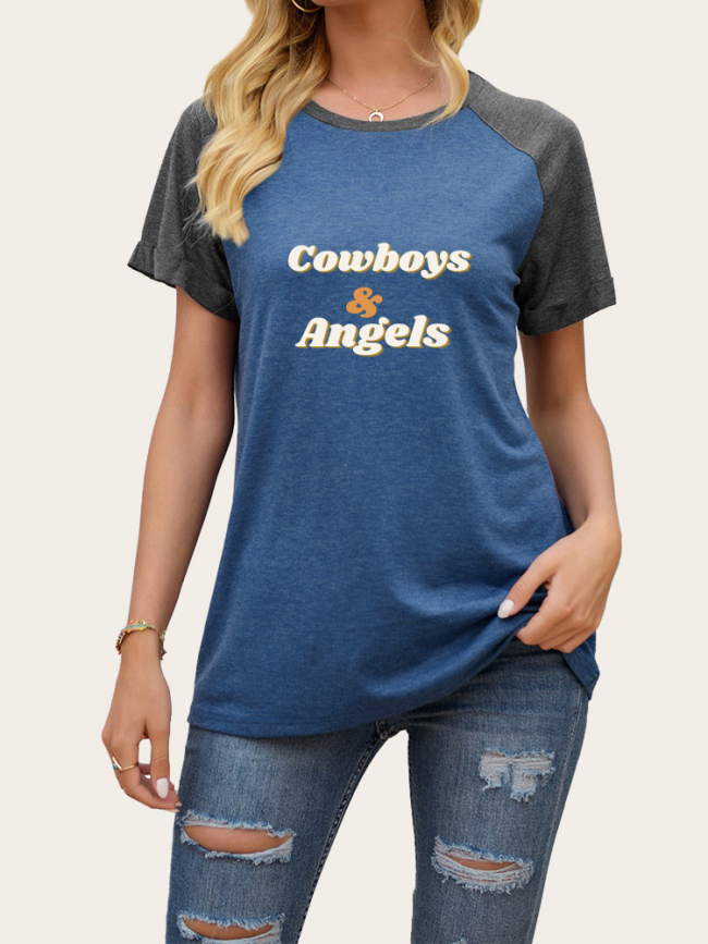 Cowboys & Angles Print Short Sleeve Pullover T Shirt Women