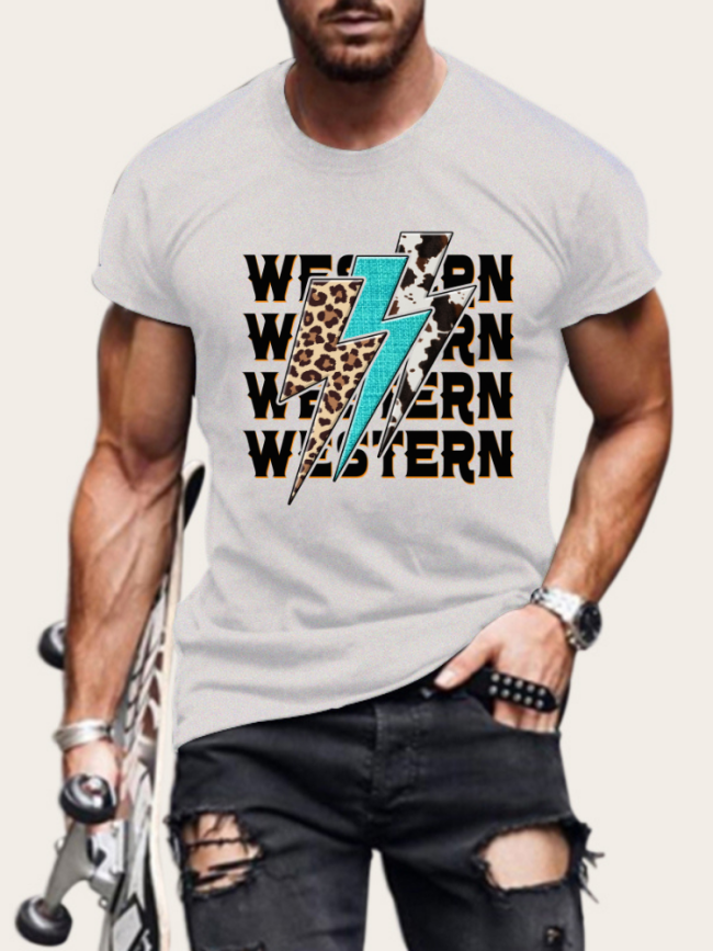 Men's Western Lighting Pattern Short Sleeve T-Shirt Plus Size Casual Loose Shirt S-5XL Oversized