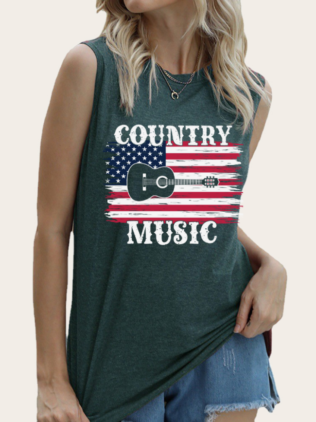Women's American Flag with Country Music Top Summer Sleeveless Tank Shirt for Cowgirl