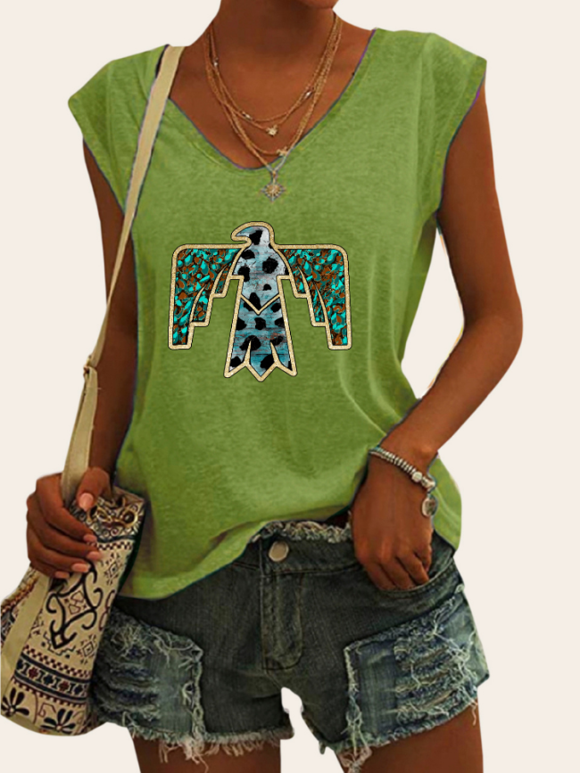 Women's Casual Loose T-Shirts Geometric Western Eagle Pattern V-Neck Sleeveless Tank Top