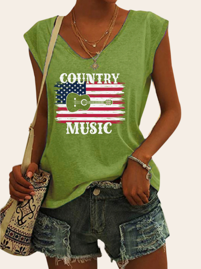 Women's Casual Loose T-Shirts American Flag with Country Music Pattern V-Neck Sleeveless Tank Top