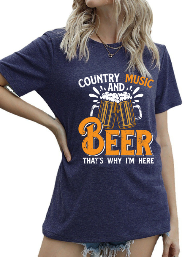 Country Music with Beer Casual T-Shirt Women's Short Sleeve Crew Neck Loose Top