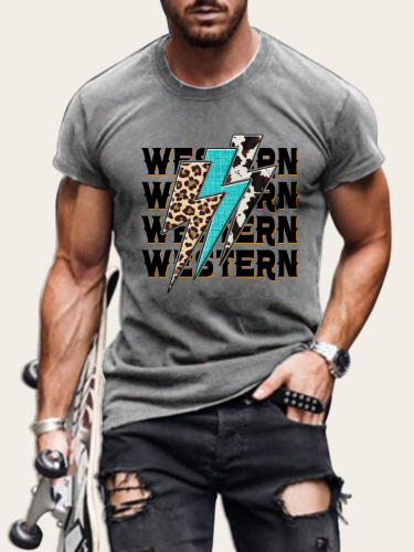 Men's Western Lighting Pattern Short Sleeve T-Shirt Plus Size Casual Loose Shirt S-5XL Oversized