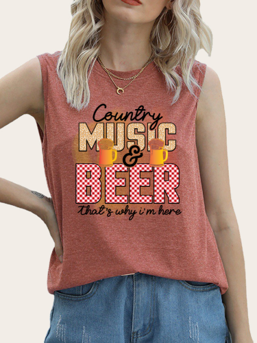 Country Music with Beer Pattern Tank Top Shirt Sleeveless Casual Loose Women's Tank Summer Outfits