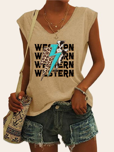 Women's Casual Loose T-Shirts Western Lightning Pattern V-Neck Sleeveless Cowgirl Tank Top