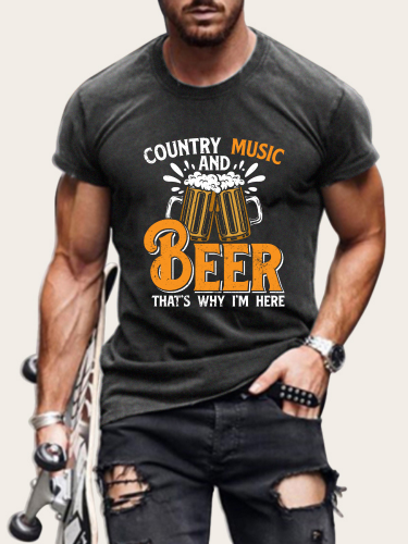 Men's Cowboy Country Music with Beer Pattern Short Sleeve T-Shirt Casual Loose Spring Summer Outfit