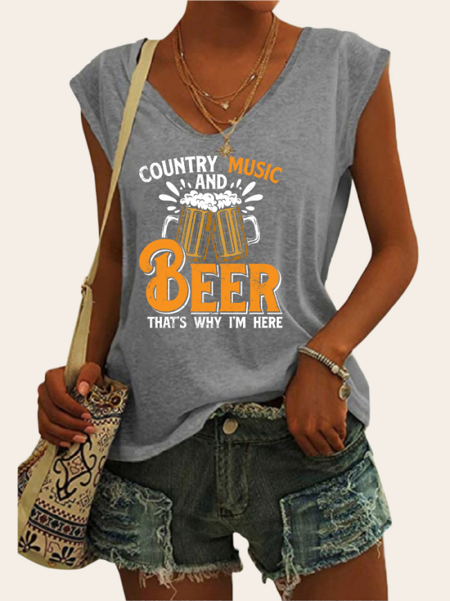 Women's Casual Loose T-Shirts Country Music with Beer Cowgirl Pattern V-Neck Sleeveless Tank Top