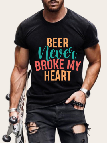 Men's Funnny Saying Beer Never Broken My Heart Shirt Short Sleeve Plus Size Casual Loose T-Shirt