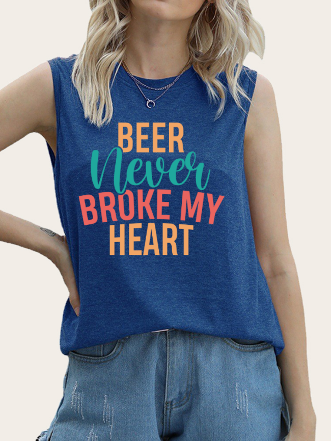 Funny Saying Beer Never Broken My Heart Tank Summer Sleeveless Casual Loose Women's Tank Top