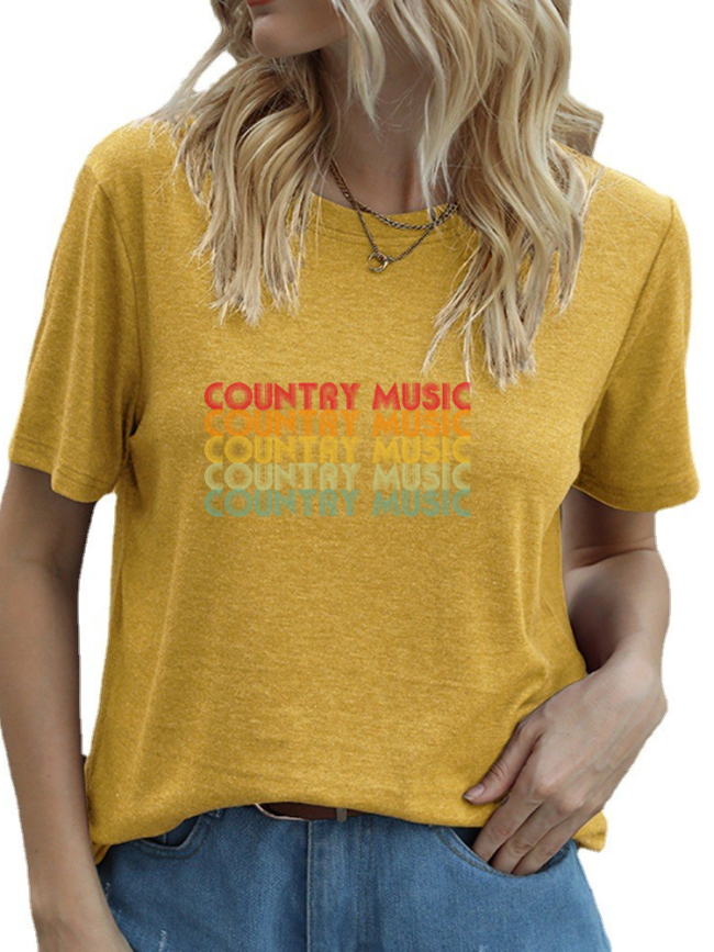 Rainbow Color Country Music T-Shirt Women's Short Sleeve Crew Neck Loose Caual Top